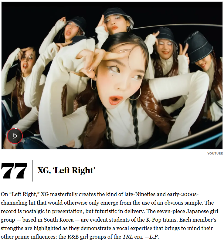 XGGlobal_'s tweet photo. Rolling Stone has ranked XG - LEFT RIGHT #77 in Top 100 Songs of 2023 😎

🔗https://t.co/biiCjho9Eo 

Congratulations @XGOfficial_ ✌️👽

#XG #LEFTRIGHT 
#XG_LEFTRIGHT 
#ALPHAZ https://t.co/Tlfhf1tdts