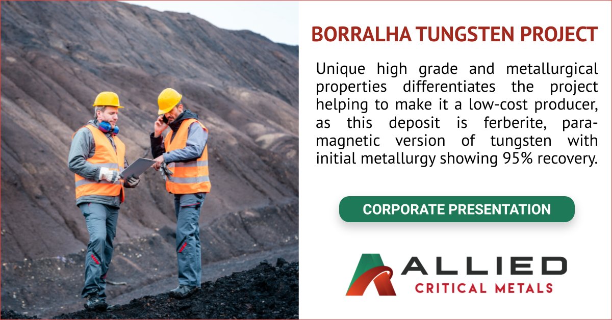 Unique high grade and metallurgical properties differentiates the project helping to make it a low-cost producer, as this deposit is ferberite, para-magnetic version of tungsten with initial metallurgy showing 95% recovery

Learn More: alliedcritical.com

#tungsten  #wo3