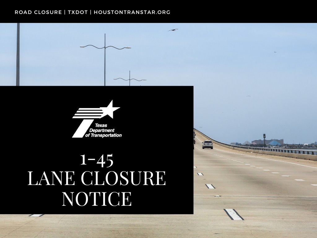 Please be aware of the following TXDOT closure this weekend overnight on Saturday. On Saturday (12/2/2023), two northbound I-45 lanes will be closed between Tiki Island and Bayou Vista from 8 p.m., Saturday to 5 a.m., Sunday (12/3/2023).