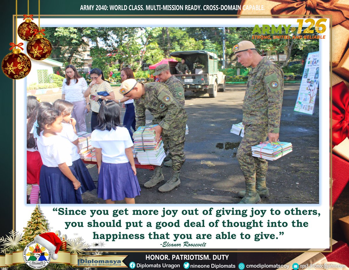 Nine1Diplomats's tweet photo. QUOTE OF THE DAY|| "Since you get more joy out of giving joy to others, you should put a good deal of thought into the happiness that you are able to give." -Eleanor Roosevelt
#AFPyoucanTRUST
#YourPhilippineArmy
#stongerarmystrongercountry
#KaagapayNgMgaBikolano https://t.co/Nui21NCY5l