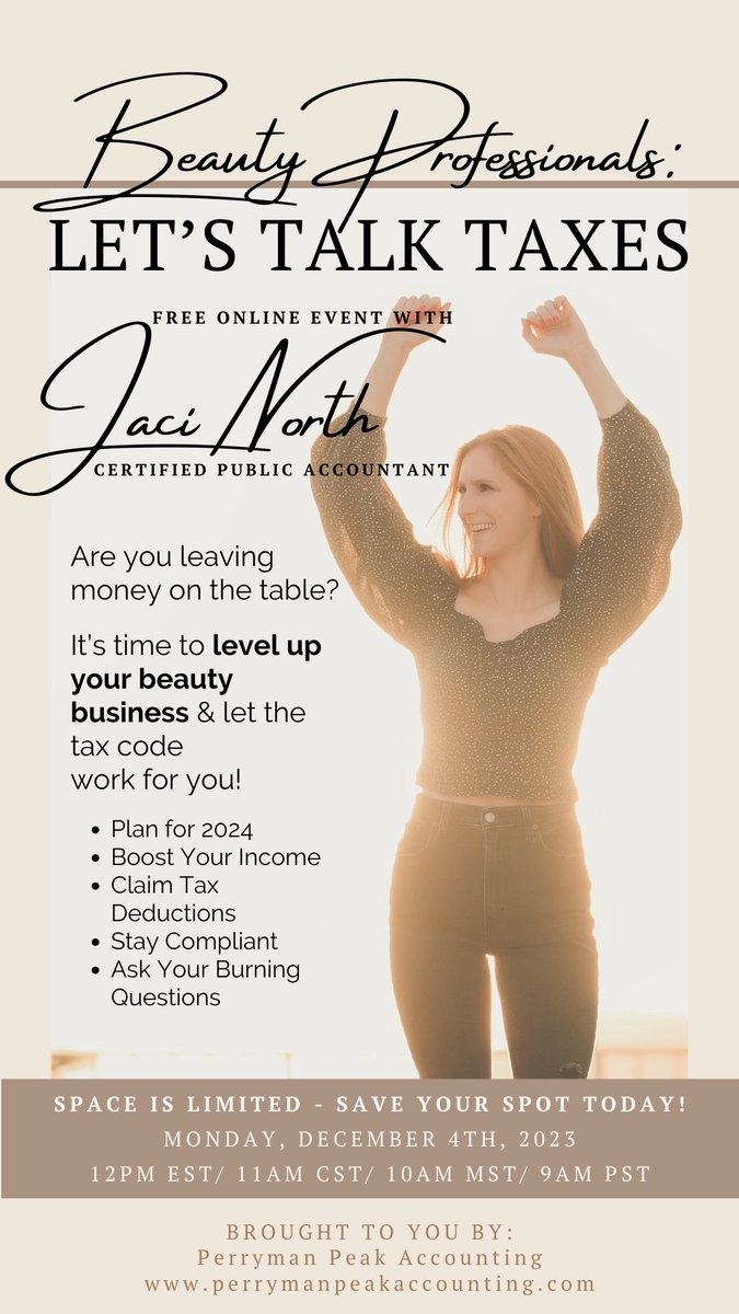 Are you leaving money on the table? 🌟 FREE Tax Workshop on Monday just for Beauty Pros! 

wix.to/Xu5QdRS