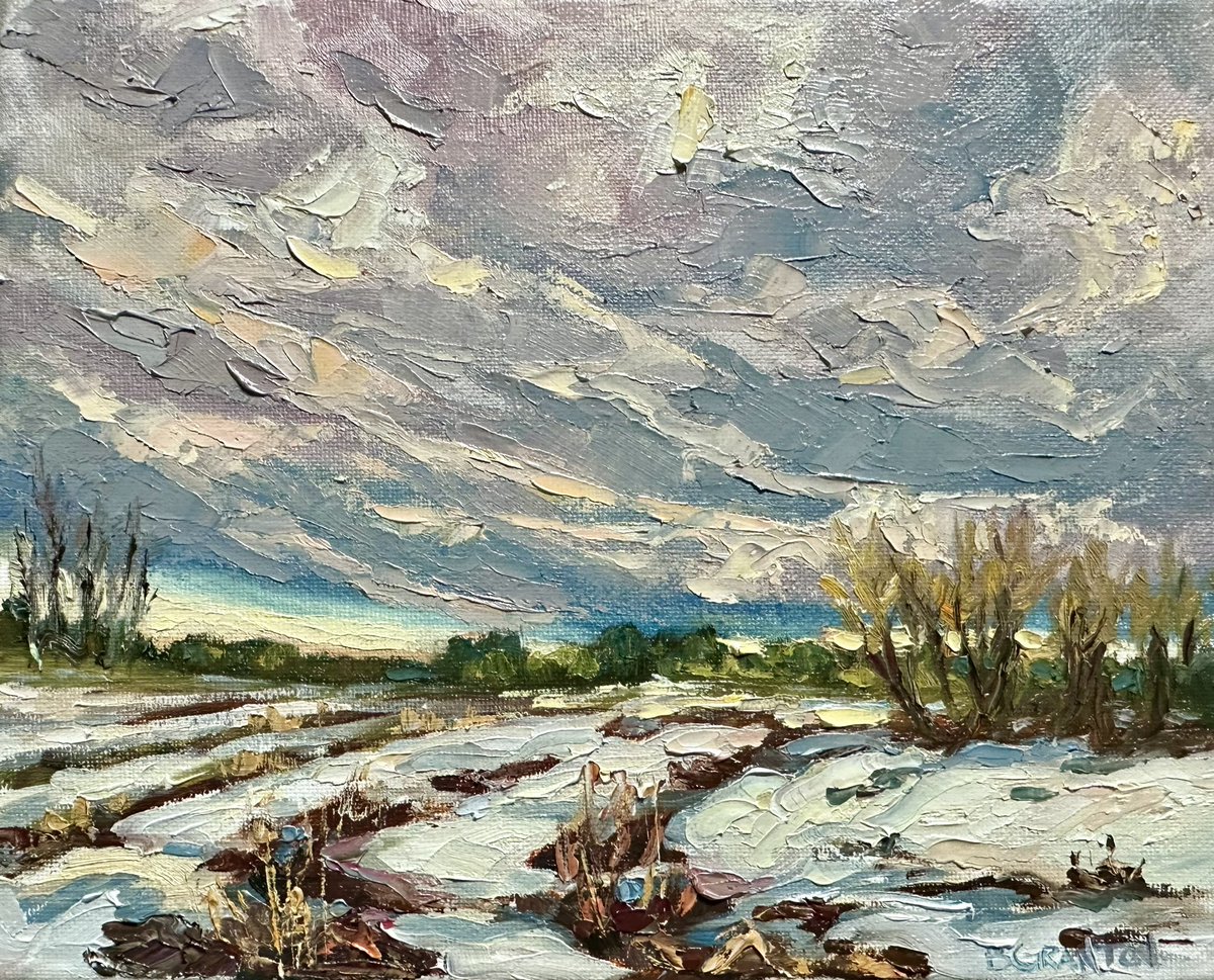 Winter has found me! After a day of snow the skies are muted but no less beautiful at sunset. Dusky Sky 8x10” oil #CanadianArt #WinterVibes