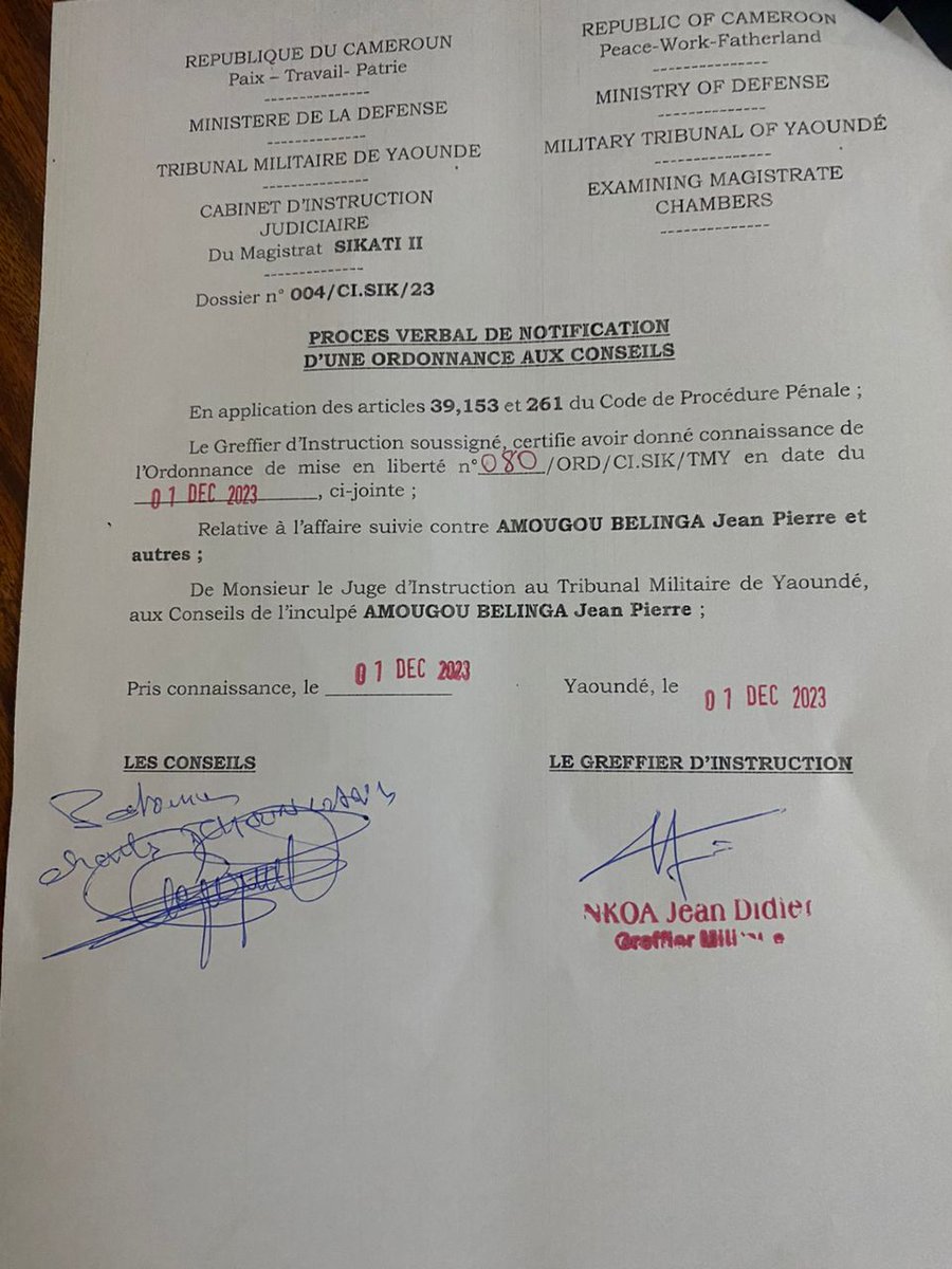 Plus de chance pour KESSOUO MBEVO Alexis acquitté le 16 février 2023 par la chambre militaire de la CA de Ydé. Arme et résistance du Caire du Gvnt se sont avérés inefficaces en 2 sem. En qq heures seulement AB libéré ne l'est plus. Le Bâtonnier accusé de fake.Grimaces judiciaires