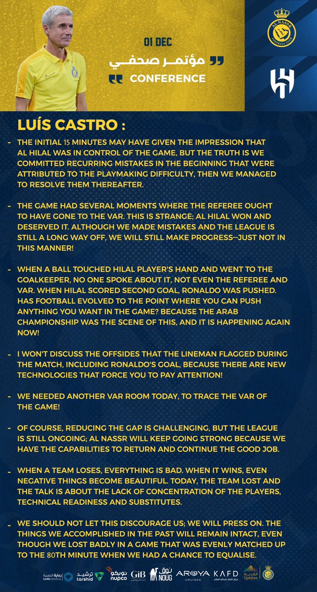 AlNassrFC_EN's tweet photo. " We can lose, but not in this way!
We needed another VAR for the VAR today! "

Mr. Luis Castro speaking in the press conference after the game. 🎙️ https://t.co/t8BZzuSrbm