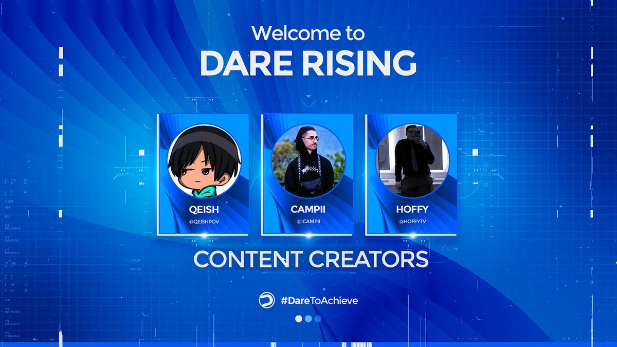 Welcome our newest members of Dare! 

- Dare Qeish // <a href="/QeishPOV/">🚨Qeish🚨</a> 
- Dare Campii // <a href="/ICampii/">Campii</a> 
- Dare Hoffy // @HoffyTV_ 

#DareToAchieve