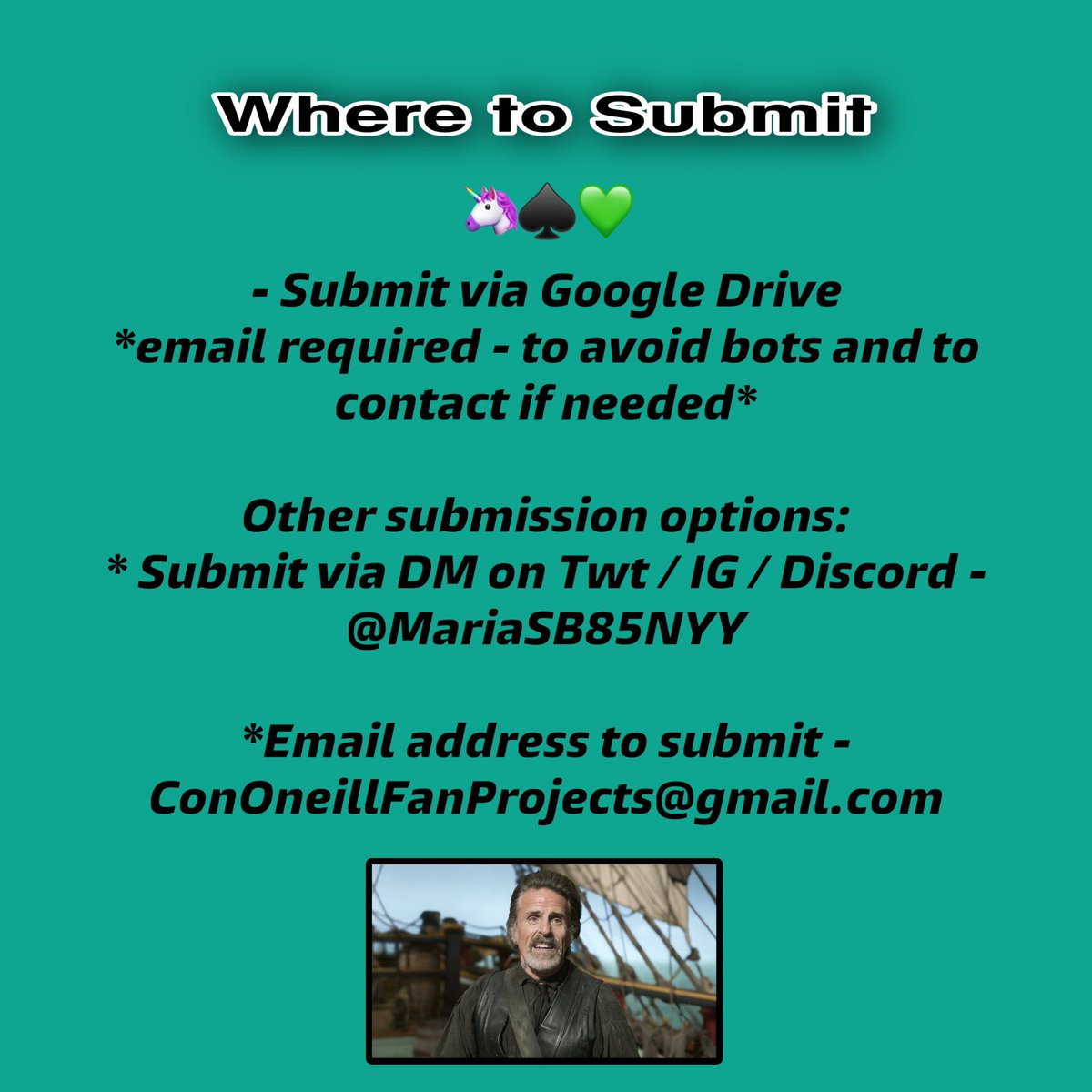 MariaSB85NYY's tweet photo. Submissions are being accepted!! 

For Google Drive please submit  at link below ⬇️ 

All other see photos for submission options

https://t.co/0f4k0tvwOy

Please share 💚🦄♠️

#ThankYouCon #ThankYouConOneillProject #OFMD #IzzyHands #ConOneill #OurFlagMeansDeath #FanProjects https://t.co/6dj3TDZkM4