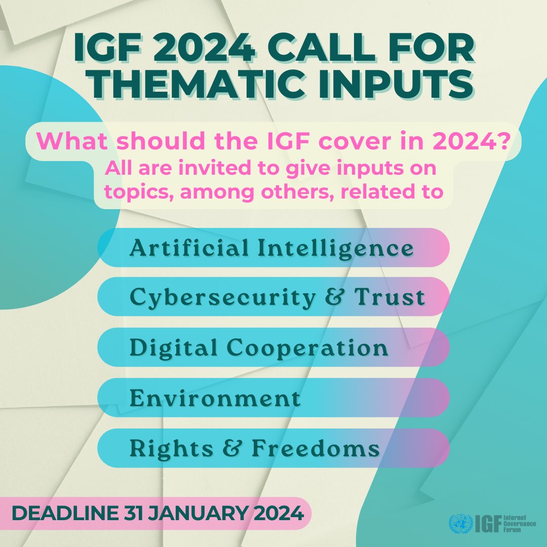 What digital issues are most important to you? Whether it's #ArtificialIntelligence, #DigitalGovernance or the #Environment, @intgovforum want your inputs ahead of #IGF2024. Submit through the inputs form by 31 January! bit.ly/3GqnJE6