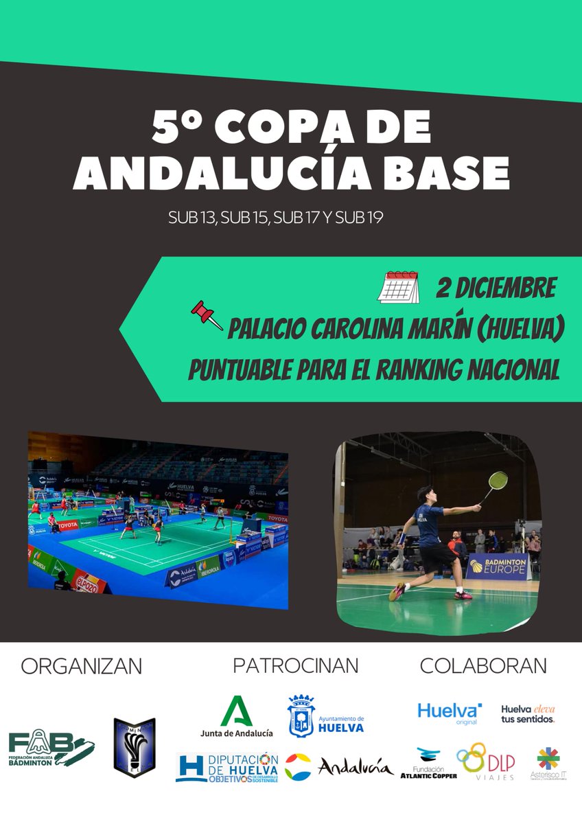 📢📢Huelva acoge la 5º Copa Andalucía de Base
badmintonandalucia.es/huelva-acoge-l…

#AndalucíaRegiónEuropeaDelDeporte