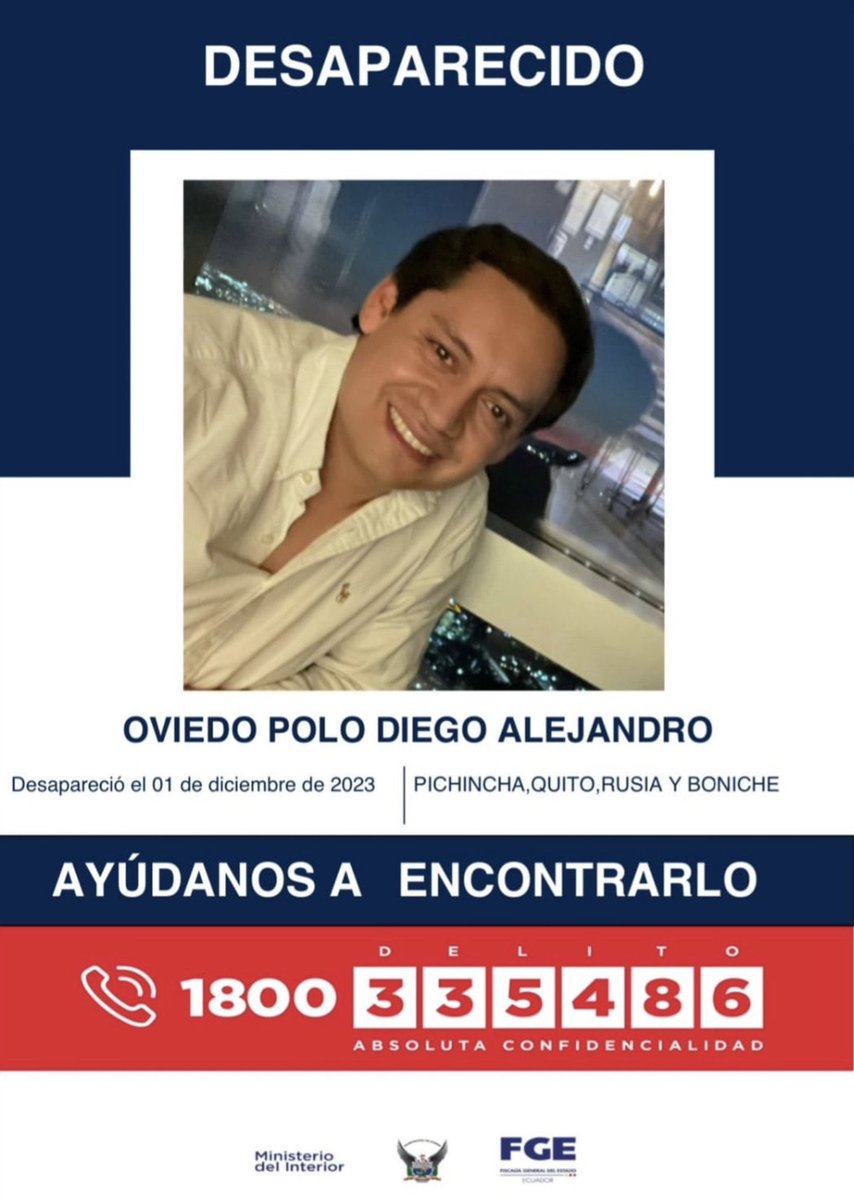 ecuainm_oficial's tweet photo. ‼️#URGENTE
OVIEDO POLO DIEGO ALEJANDRO, fue reportado como desaparecido el 01 de diciembre de 2023, en #UIO.

Si tienes información, comunícate al 1800 DELITO (335486) https://t.co/aMKRzyGKco