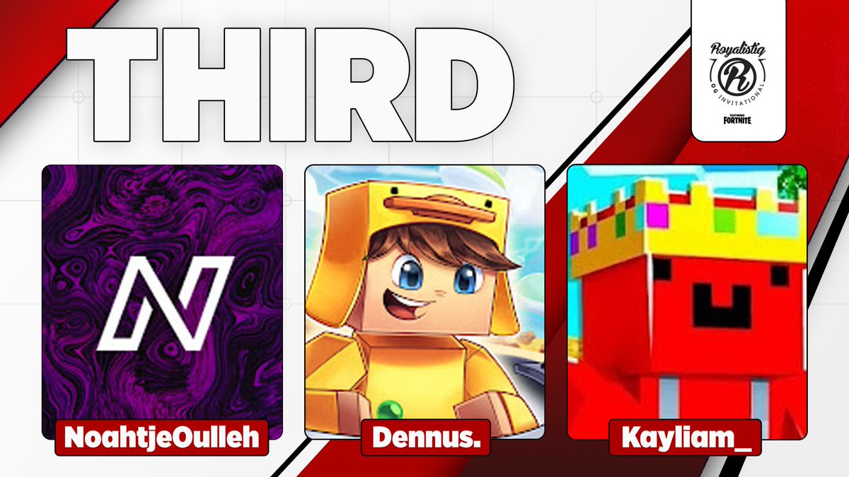 Our third place Royalistic OG Invitational featuring Fortnite team!

🥉 <a href="/Noahtje_yt/">Noah Daniels</a> 
🥉 <a href="/DennusYouTube/">Dennus</a> 
🥉 <a href="/Kayliam03/">Kayliam</a>