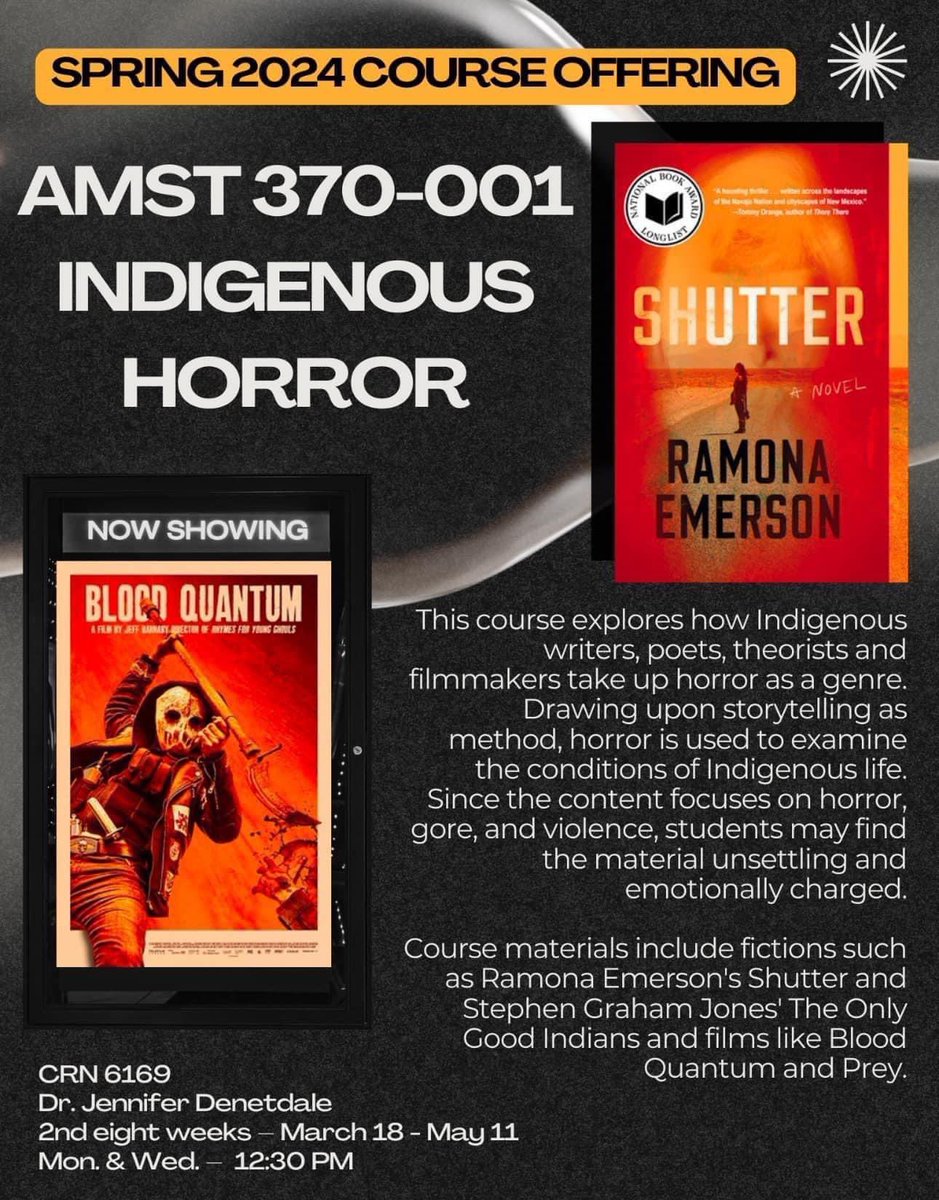 nmhumanitiesnow's tweet image. Now enrolling for AMST370-001- Indigenous Horror with Dr. Jennifer Denetdale. 
#indigenoushorror #UNM #SpringCourse #Spring24 
@CNMsuncats @chssliberalarts @unmlaii @UNMLLC @UNM @unmnabpi @UNMGPSA @ElCentroUNM @UNM_Anthro