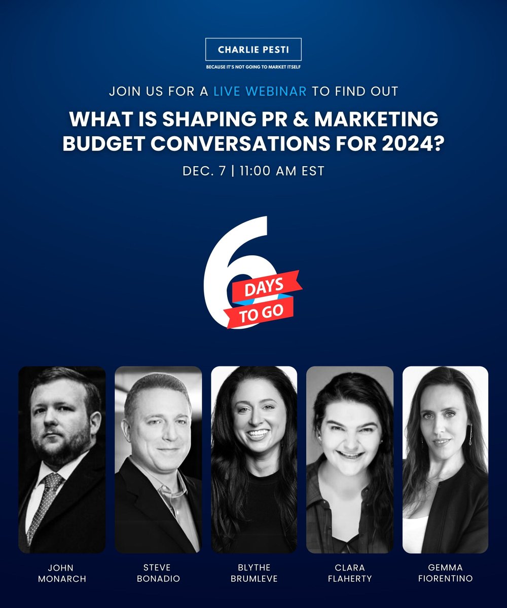 ManifestFOL's tweet photo. 6 days to go! @CHARLIE_PESTI invites you to our webinar, "What is Shaping PR &amp; Marketing Budget Conversations for 2024" on Dec 7th. Explore insights from our latest report with distinguished panelists. Sign up: https://t.co/GzLRZhHz6U 

#Webinar #Marketing #PR https://t.co/VKHFwElS1y