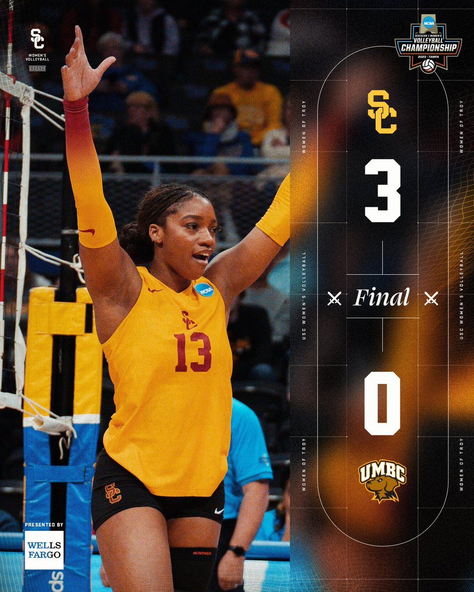 uscwomensvolley's tweet photo. 📊 FINAL: [8] No. 25 USC def. UMBC, 3-0 (25-18, 25-10, 25-12), in the #NCAAWVB first round at Petersen Events Center in Pittsburgh, Pa. #FightOn ✌️🏐🏆 #Pac12VB https://t.co/kcor8uWpCM