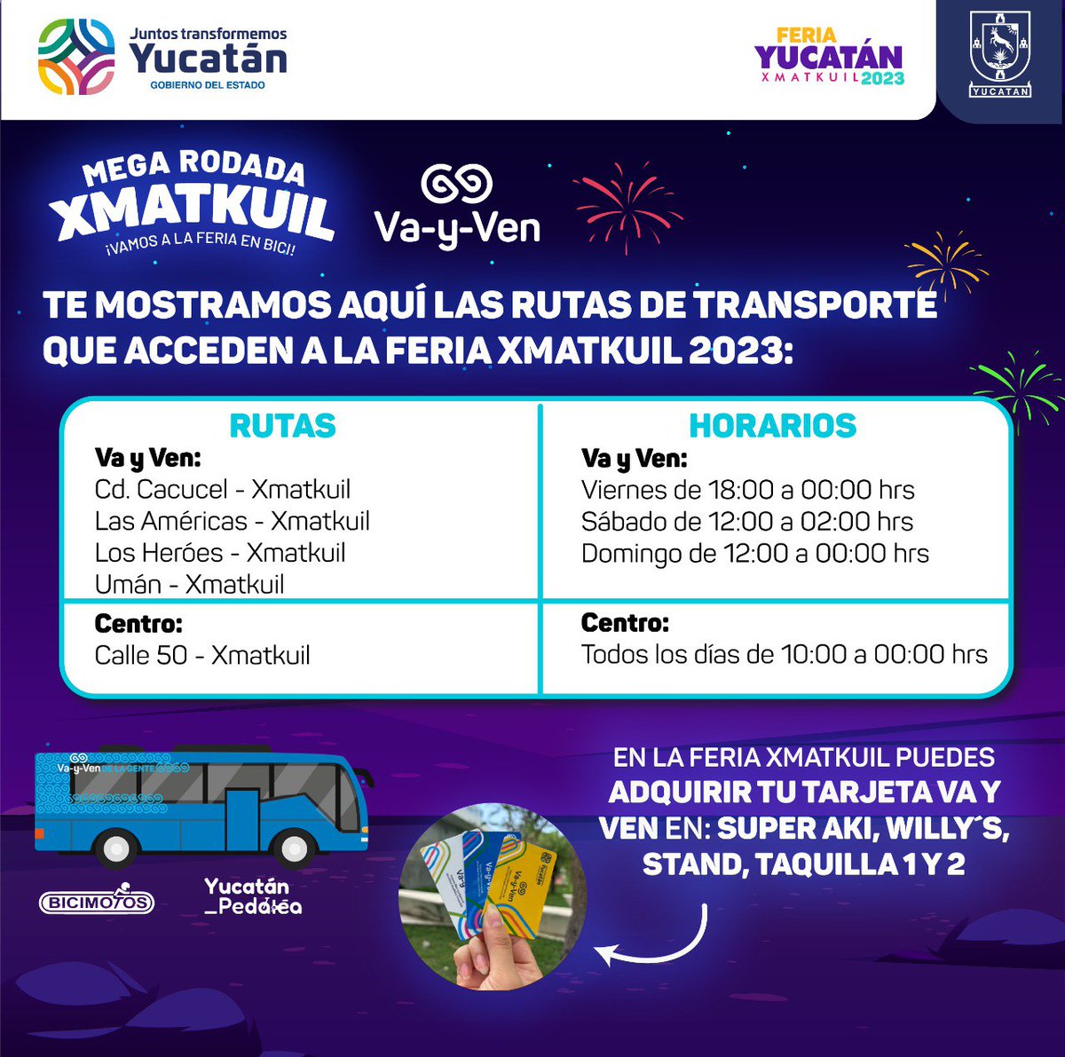 ImdutYucatan's tweet photo. Te mostramos las rutas de #VaYVen que acceden a la @Feria_Yucatan Xmatkuil para que puedas regresar🚌
Estamos a 1 día para la #MegaRodada Xmatkuil
Participa este sábado 2 de diciembre a las 5:00 p.m. en el Parque Plan de Ayala II
📝Registro https://t.co/vmSB3lrS2a
@Agencia_ATY https://t.co/EvogsTTWfq
