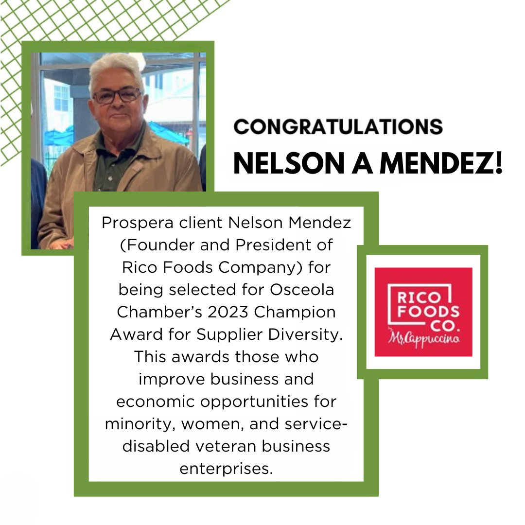 ProsperaUSA's tweet photo. 👏We are proud of you Nelson!

#ProsperaUSA #OsceolaCounty #SupplierDiversity #ProsperaClient #ProsperaCommunity #ProsperaPartners #RicoFoodsCo https://t.co/A2wHIuwX7t