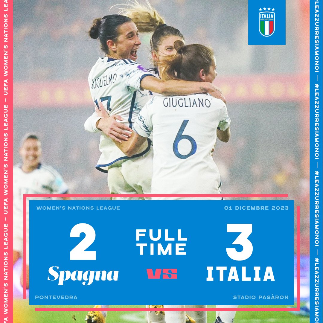 AzzurreFIGC's tweet photo. 𝗪𝗼𝗺𝗲𝗻'𝘀 𝗡𝗮𝘁𝗶𝗼𝗻𝘀 𝗟𝗲𝗮𝗴𝘂𝗲

🇪🇸🇮🇹 #SpagnaItalia 2️⃣-3️⃣
12’ del Castillo; 46' #Giacinti; 58' #Cambiaghi; 64' #Linari; 77' Rodriguez

#UWNL 
#Nazionale #Azzurre #LeAzzurreSiamoNoi https://t.co/0esbStgaig