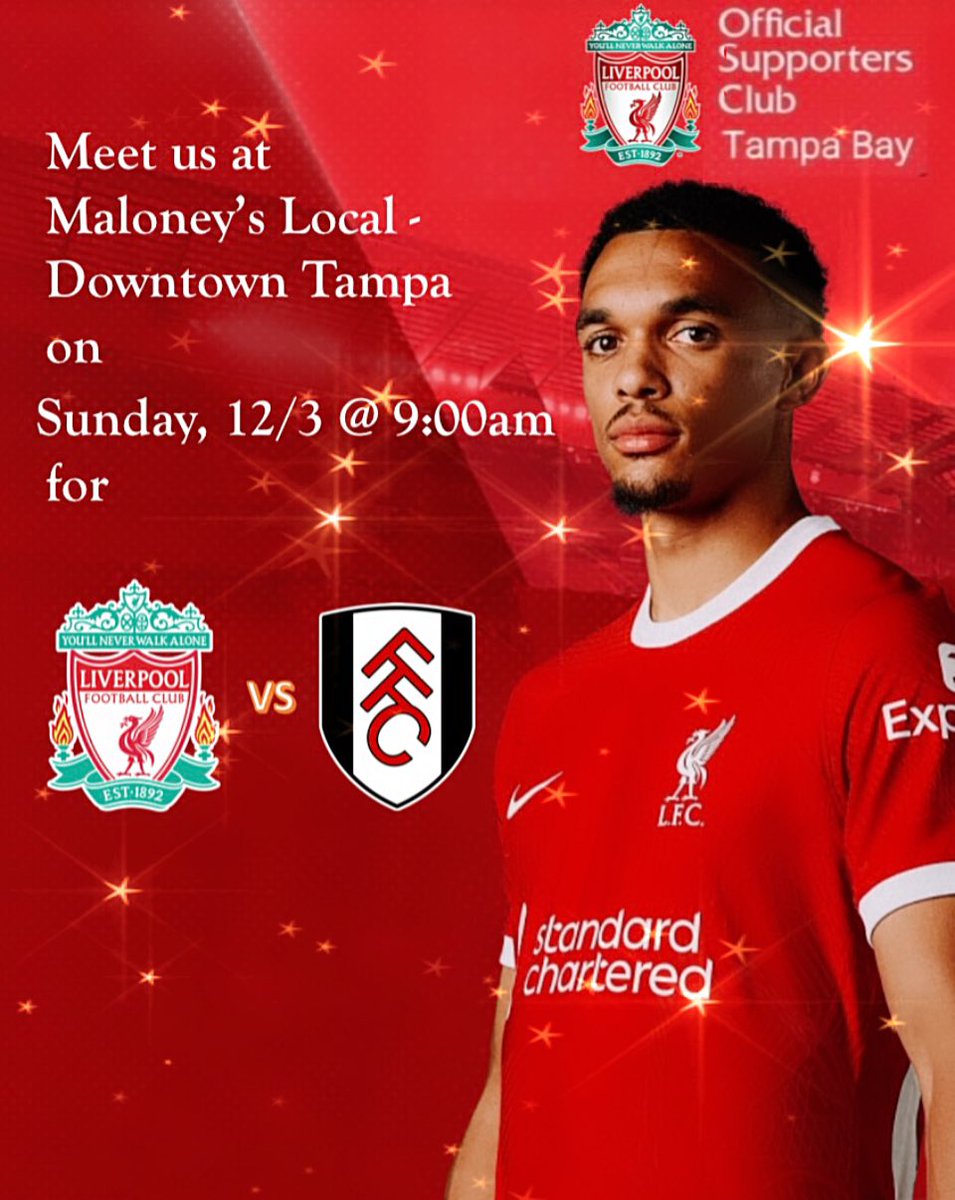 🔴We will be at Maloney's Local-Downtown Tampa for this weekend's PL match against Fulham on Sunday.
Kick off is at 9:00am. Get up early and come out and support the Reds!! Up the Reds!