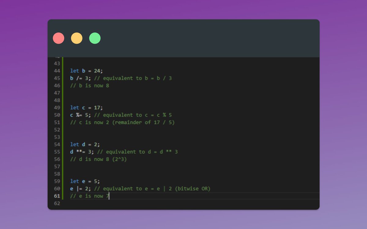 realabasskoyang's tweet image. Day 12 of 6⃣0⃣ Days of JavaScript.

Assignment Operators

Assignment operators in JavaScript are used to assign values to variables. They are shorthand notations for assigning a value to a variable based on its current value or based on some computation.
#60daysofjavascript