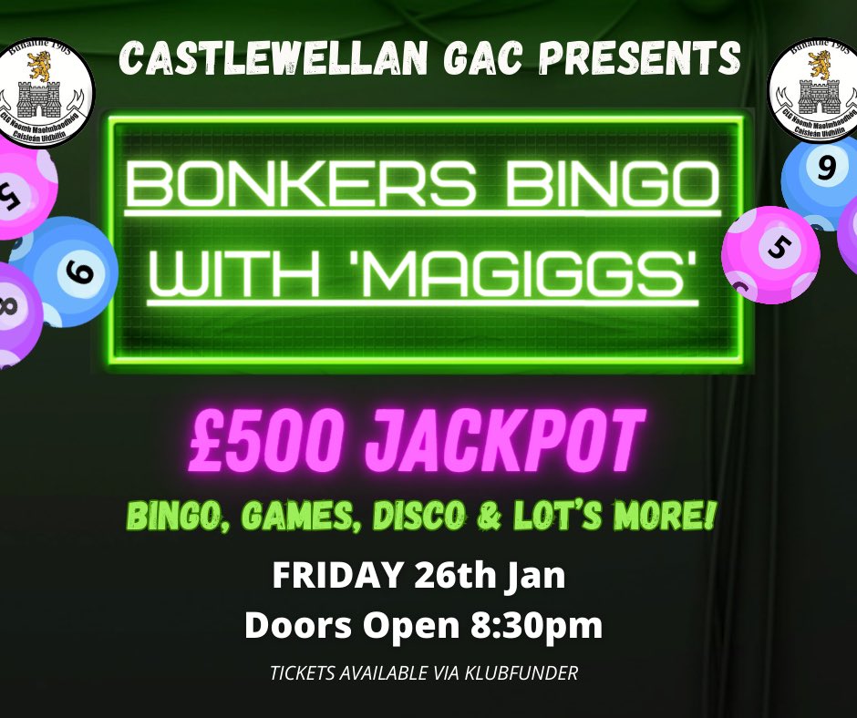 BONKERS BINGO with @Djpaulmcardle 

💰£500 pound Jackpot!! 

📆 26th Jan 

🎟️ Tickets are £15 available via Klubfunder 

klubfunder.com/Clubs/Castlewe…

If you or your business would like to sponsor the event in any way please message the page or contact any Senior Ladies player 

🟢⚫️