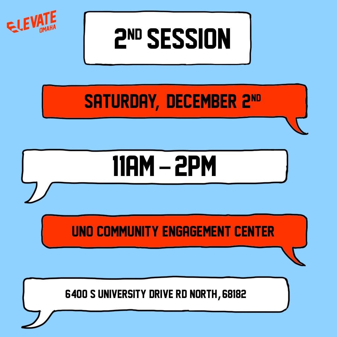 elevate_omaha's tweet photo. Our second listening session is tomorrow Dec. 2nd from 11am-2pm at the UNO Community Engagement Center!
⁠

Please attend  our listening sessions for your ideas to be directly applied to our work in the community - RSVP at the link in our bio!⁠

Images designed by @_von.draws⁠ https://t.co/7Mk488rH2d