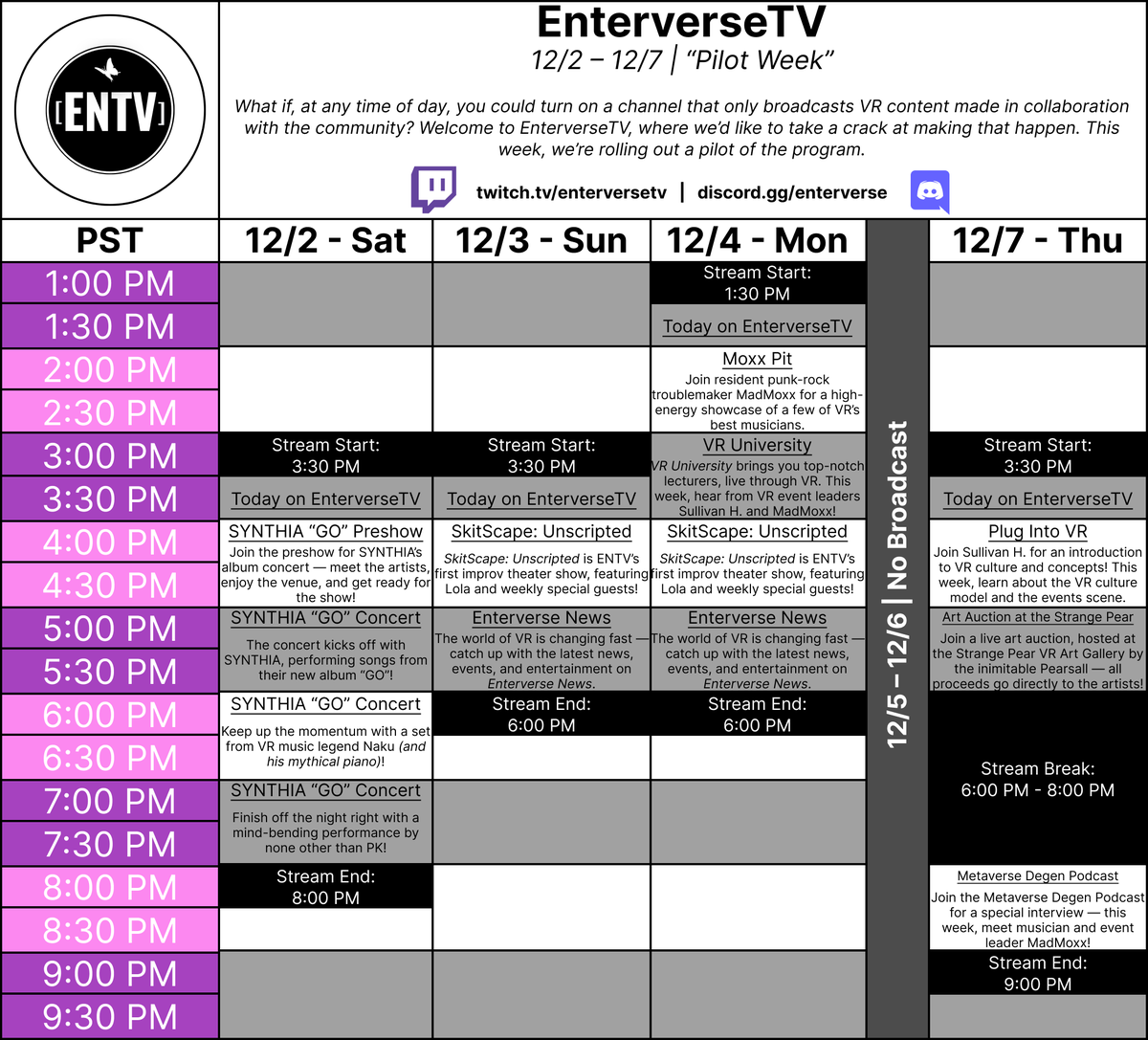 We're starting something big — tune in to #ENTV tomorrow for #VR content produced by and in collaboration with the community of #VRChat.

Our pilot episodes go live at 3:30 PST:
twitch.tv/enterversetv

Join the community and attend live events at:
discord.gg/enterverse