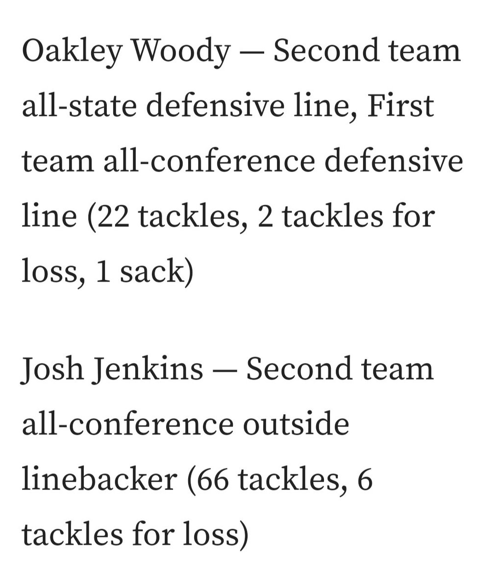 2nd Team All State DL
1st Team All Conference DL
22 Tackles
2 Tackles for loss
1 Sack