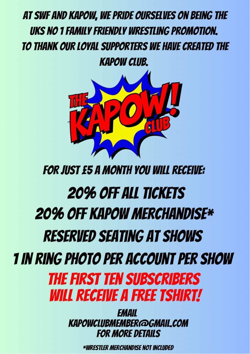 We are delighted to announce the launch of our brand new monthly membership scheme “The Kapow Club” Plus the first 10 Members each get a FREE Kapow T-Shirt. Email kapowclubmember@gmail.com today!!