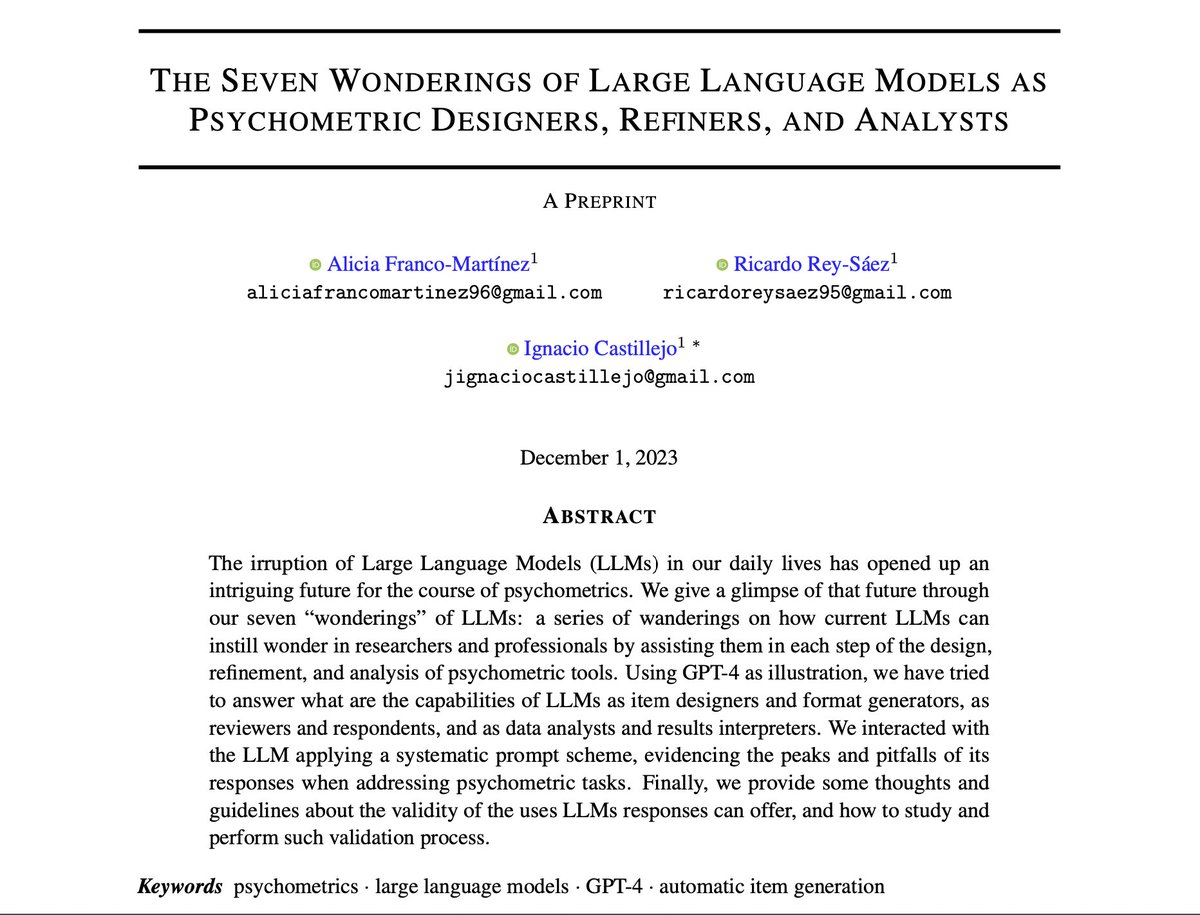 AliciaFrancoXVE's tweet photo. Hace un año nació ChatGPT y, con él, nuestras preguntas sobre cuán buen psicómetra podría ser…

📰The Seven Wonderings of Large Language Models as Psychometrics Designers, Refiners, and Analysts
👥@AliciaFrancoXVE, @RicardoRey_95 &amp; @IndaloNacho 
🔗https://t.co/cHvugo2aZx https://t.co/baNi0eX6ai
