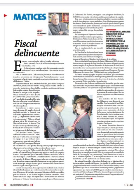 ensustrece's tweet photo. "Estamos acostumbrados a librar batallas solitarias.
Y esta contra la Fiscal de la Nación fue especialmente una batalla a solas.
Se dio, además, en plena crisis del semanario, cuando teníamos el cierre merodeándonos y las cuentas en rojo incandescente.
Pero la continuamos. Cada vez que podíamos recordábamos a nuestros lectores de qué ciénaga venía Patricia Benavides y a qué niveles de infamia había conducido una institución decisiva como el Ministerio Público.
Hoy todos hablan de la señora Benavides".  #Hildebrandt