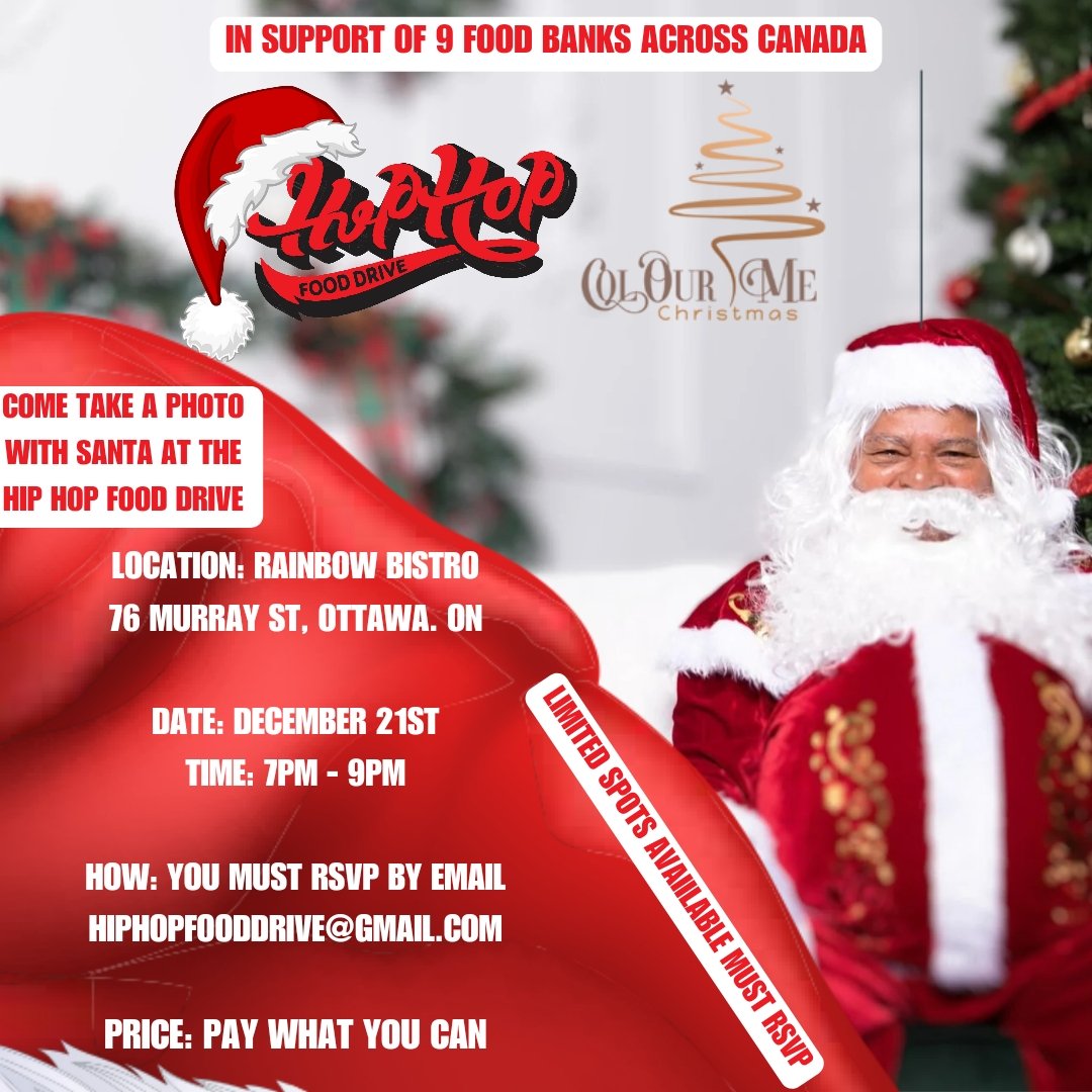 Attention!! Attention!! Attention!! ALL AGES!!!

Santa himself holding it down ready to take photos with you and your family.

It's a pay what you can price point but you must RSVP to hiphopfooddrive@gmail.com to secure your spot. Must register before December 15th.