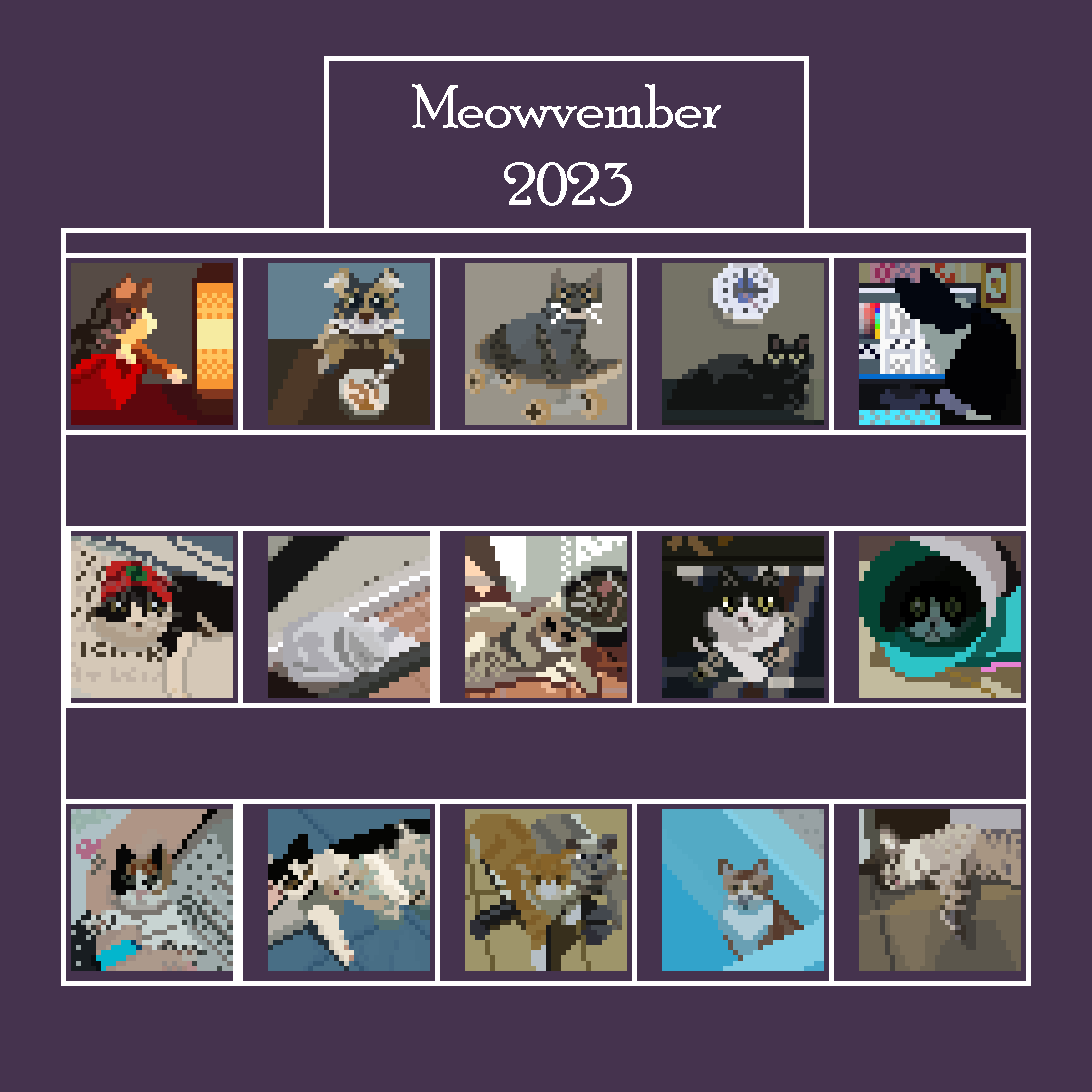 Meowvember is over! Pretty happy with the result 🥰

Thanks <a href="/anubiarts/">Spooky Anubi (READ PINNED)</a> for the prompt list and inspiration!

#pixelart #ドット絵 #meowvember #cat #digitalart
