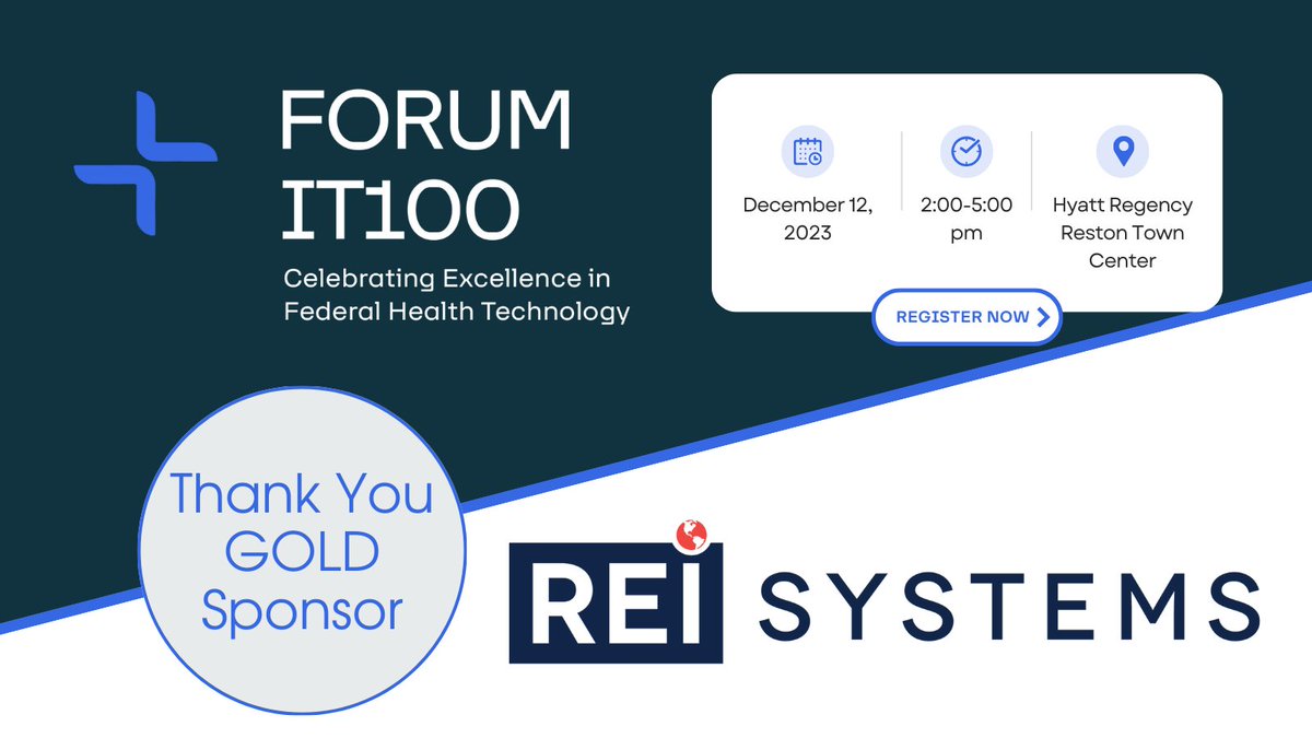 🎉WELCOME: @REI_Systems is a sponsor for our 8️⃣Annual #FORUMIT100 (formerly FedHealthIT100) Awards! REI Systems modernizes government IT to meet 21st century challenges. Join us on 12/12: bit.ly/484BN2U