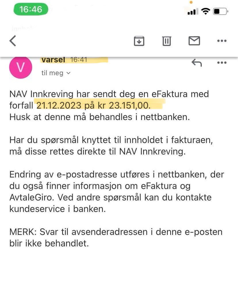 ElisabethThore1's tweet photo. God helg og God jul, hilsen @NAVnorge 
Fredag 1. desember 2023 ved 17 tiden sender nav ut kravet om å etterbetale for mye utbetalt uføretrygd/barnetillegg. 
Betalingsfristen er 21.12.23. 

Hvorfor nav, hvorfor? 

@mimirk @TuvaMoflag @Arbeidsdep @HCHolte @NRKno @SV_Karin https://t.co/Wgq2e13sCJ