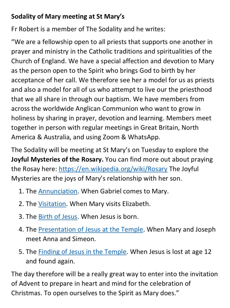 Really delighted to be hosting the Advent meeting of @sodalityofmary at St Mary’s NW6 4SN on Tuesday 5th December from 1030am-4pm. We will be meditating on the Joyful Mysteries of the Rosary - a fabulous preparation for celebrating Christ’s coming again to us. Looking forward…
