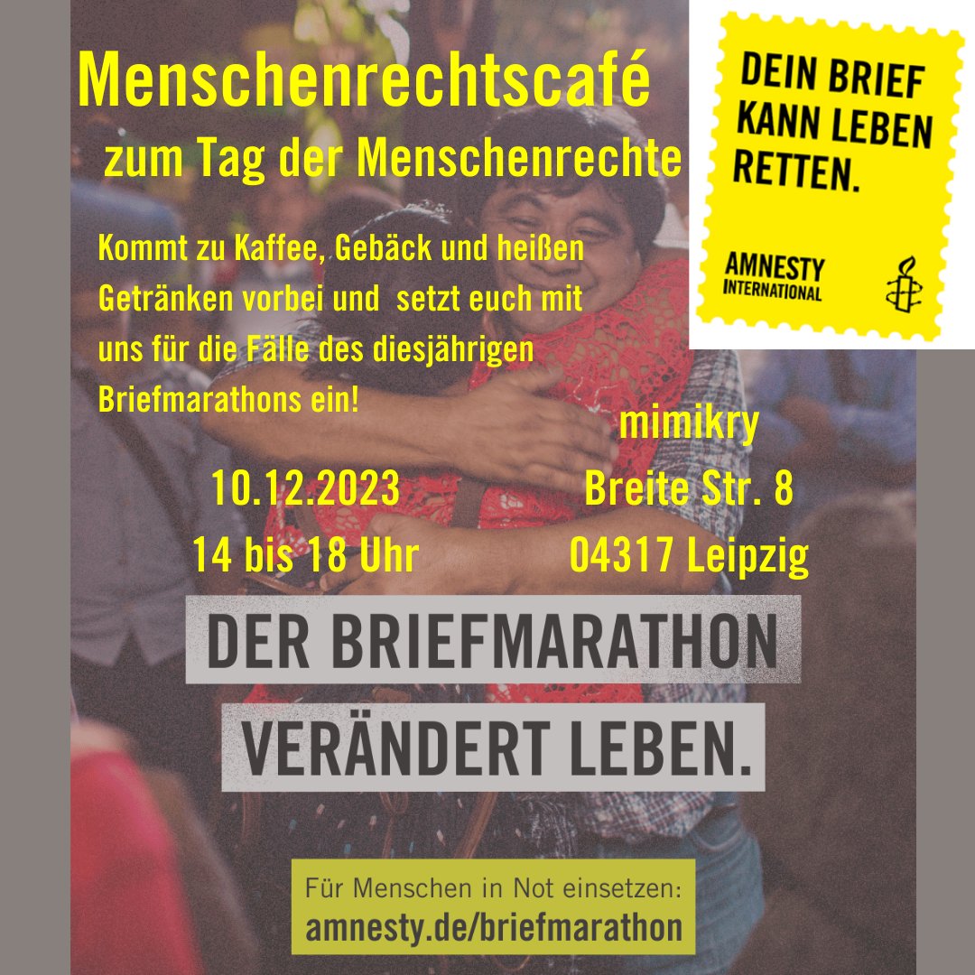 Habt ihr Lust, entspannt in die #Amnesty-Arbeit zu schnuppern? Dann schaut am Tag der #Menschenrechte beim Menschenrechtscafé der Hochschulgruppe <a href="/aiHSGLeipzig/">Amnesty HSG Leipzig</a> und Stadtgruppe <a href="/AmnestyLeipzig/">AmnestyLeipzig</a> vorbei! 
10.12. | 14 Uhr | Mimikry Leipzig 
Wir freuen uns auf euch ☕️💛😇