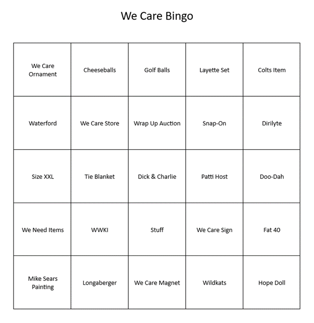 GoleyNathan's tweet photo. I've got my We Care Bingo card created for tonight! @KennyBeasley @tammylively @WeCareKokomo #wecarekokomo https://t.co/4RowDa82CJ
