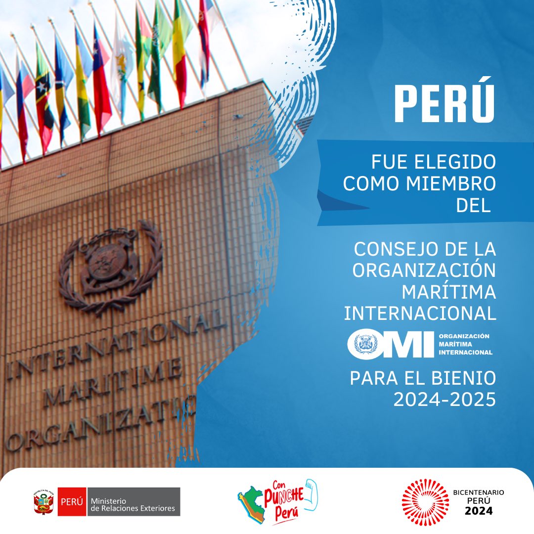 CancilleriaPeru's tweet photo. Canciller doctor Javier González-Olaechea Franco: Celebro la elección del Perú como miembro de la @IMOHQ para el período 2024-2025, logro conjunto de la Cancillería, @MindefPeru y @naval_peru. Asimismo, expreso mi mayor agradecimiento a los países que nos apoyaron. https://t.co/2a1cXWd0ro