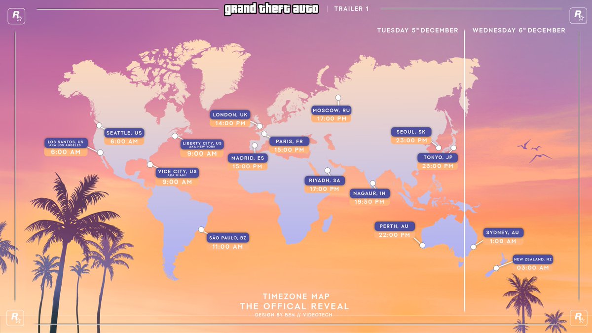 videotech's tweet photo. Here's your timezones for the official reveal trailer for Grand Theft Auto VI next week on Tuesday! https://t.co/Bz3YfNSsQB
