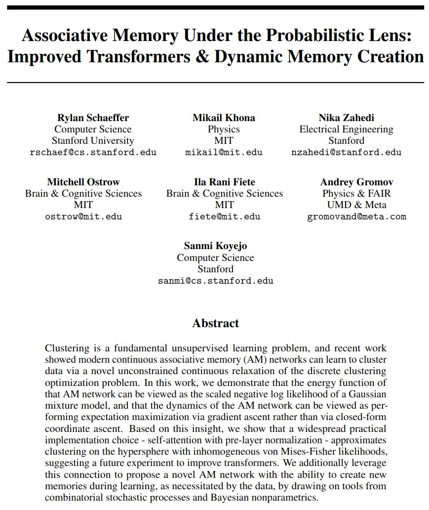 Rylan Schaeffer (@rylanschaeffer) on Twitter photo Excited to announce:
🔥🧠 Associative Memory Under the Probabilistic Lens 🧠🔥
w @KhonaMikail <a href="/Andr3yGR/">Andrey Gromov</a> <a href="/sanmikoyejo/">Sanmi Koyejo</a> <a href="/neurostrow/">Mitchell Ostrow</a> <a href="/FieteGroup/">FieteGroup</a> & Nika Zahedi
Appearing @ #NeurIPS2023 Associative Memory & Hopfield Networks Workshop !
🧵👇
1/7 Excited to announce:
🔥🧠 Associative Memory Under the Probabilistic Lens 🧠🔥
w @KhonaMikail <a href="/Andr3yGR/">Andrey Gromov</a> <a href="/sanmikoyejo/">Sanmi Koyejo</a> <a href="/neurostrow/">Mitchell Ostrow</a> <a href="/FieteGroup/">FieteGroup</a> & Nika Zahedi
Appearing @ #NeurIPS2023 Associative Memory & Hopfield Networks Workshop !
🧵👇
1/7