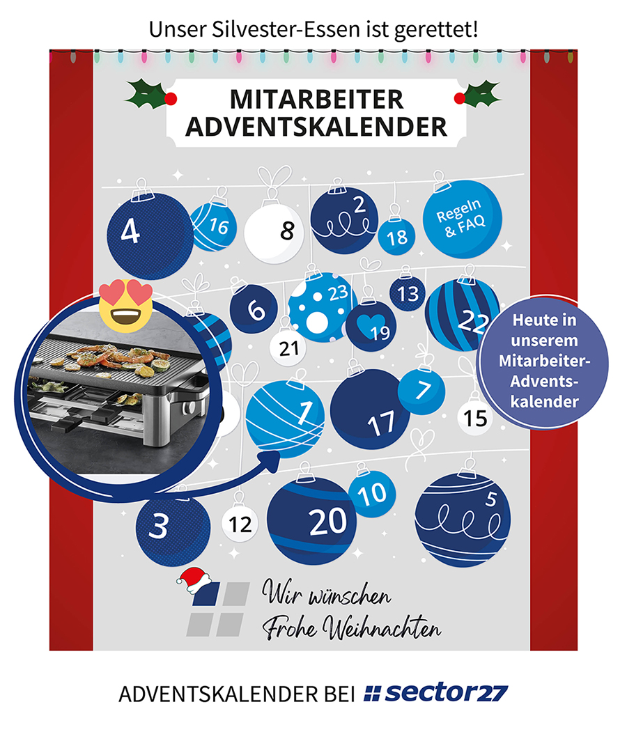 sector_27's tweet photo. Unsere sector27-Weihnachtswichtel haben uns wieder einen tollen Mitarbeiter-Adventskalender gefüllt.
Wir haben uns riesig über diese tolle Überraschung gefreut!

Mit dem Raclette Grill ist unser Silvester-Essen gerettet! 😃

#sector27 #Adventskalender #Dorsten #RacletteGrill #WMF https://t.co/c8U5NY5y4g