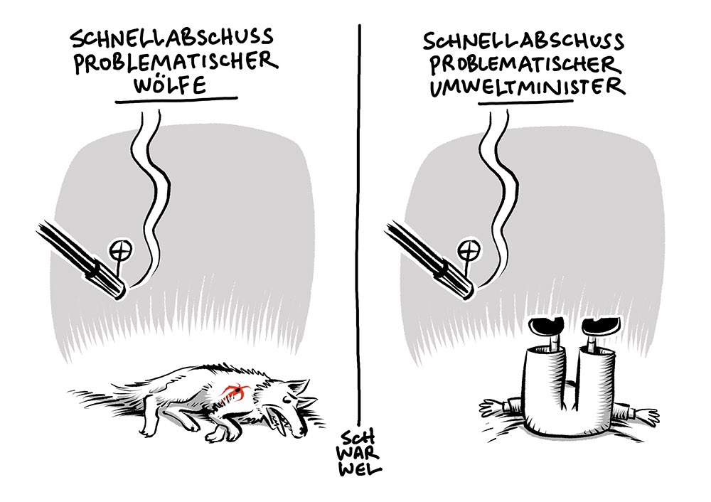 TSchwarwel's tweet photo. „Schutz von Schafen und Ziegen:
Umweltminister einigen sich auf Schnellabschuss problematischer Wölfe“
#problemwolf #artenschutz #Nutztierhaltung #schwarwel https://t.co/OXiIK7wUcY