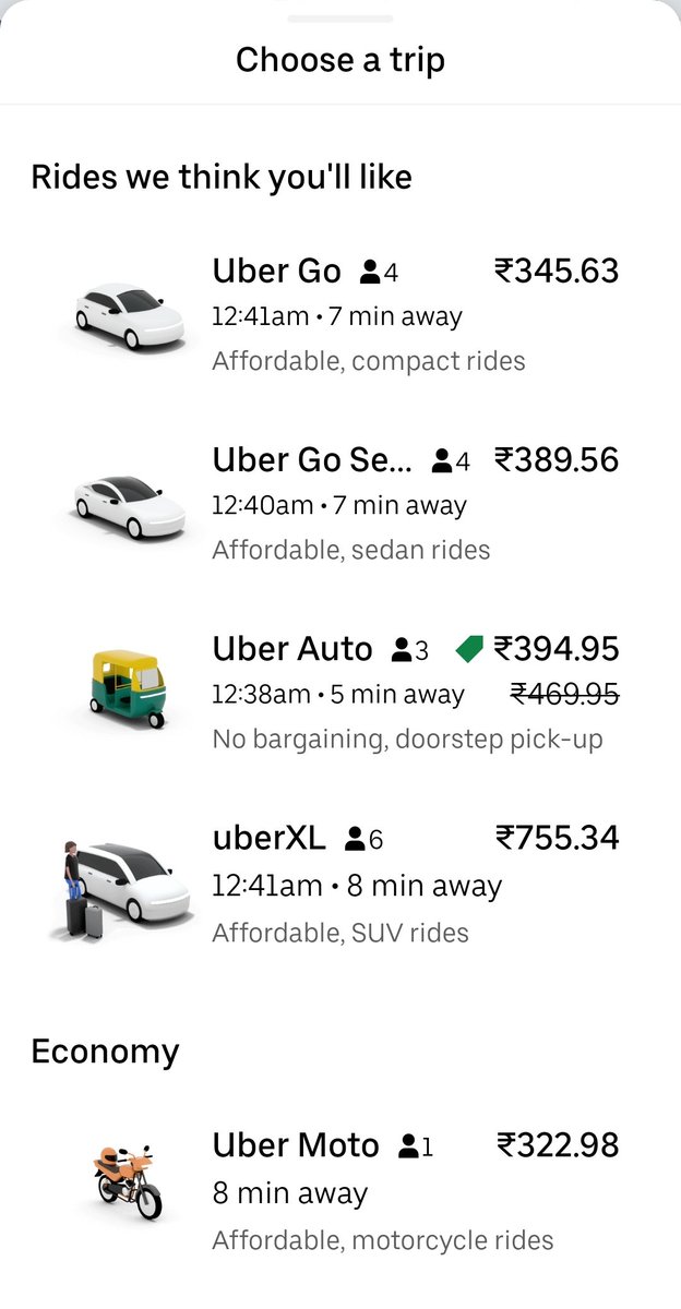 guddu2911's tweet photo. Uber Go &amp; Sedan is cheaper than Uber Auto 😃😃 even very close to uber bike. How servive cab drivers ?????????
@Uber_India 
@Uber https://t.co/TQGYm0EQ0U