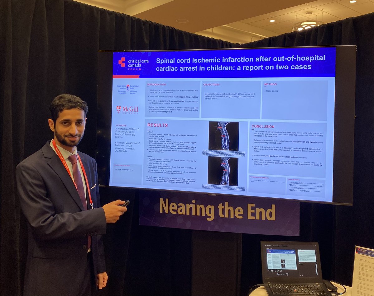 A little late but can’t miss the opportunity to recognize our fellow Dr Ahmed Alkharusi (supervised by Drs Lehr, @Con_All, @ShemieMD) who expertly presented two cases of children with spinal cord ischemia post-out-of-hospital cardiac arrest #PedsICU #NeuroPICU