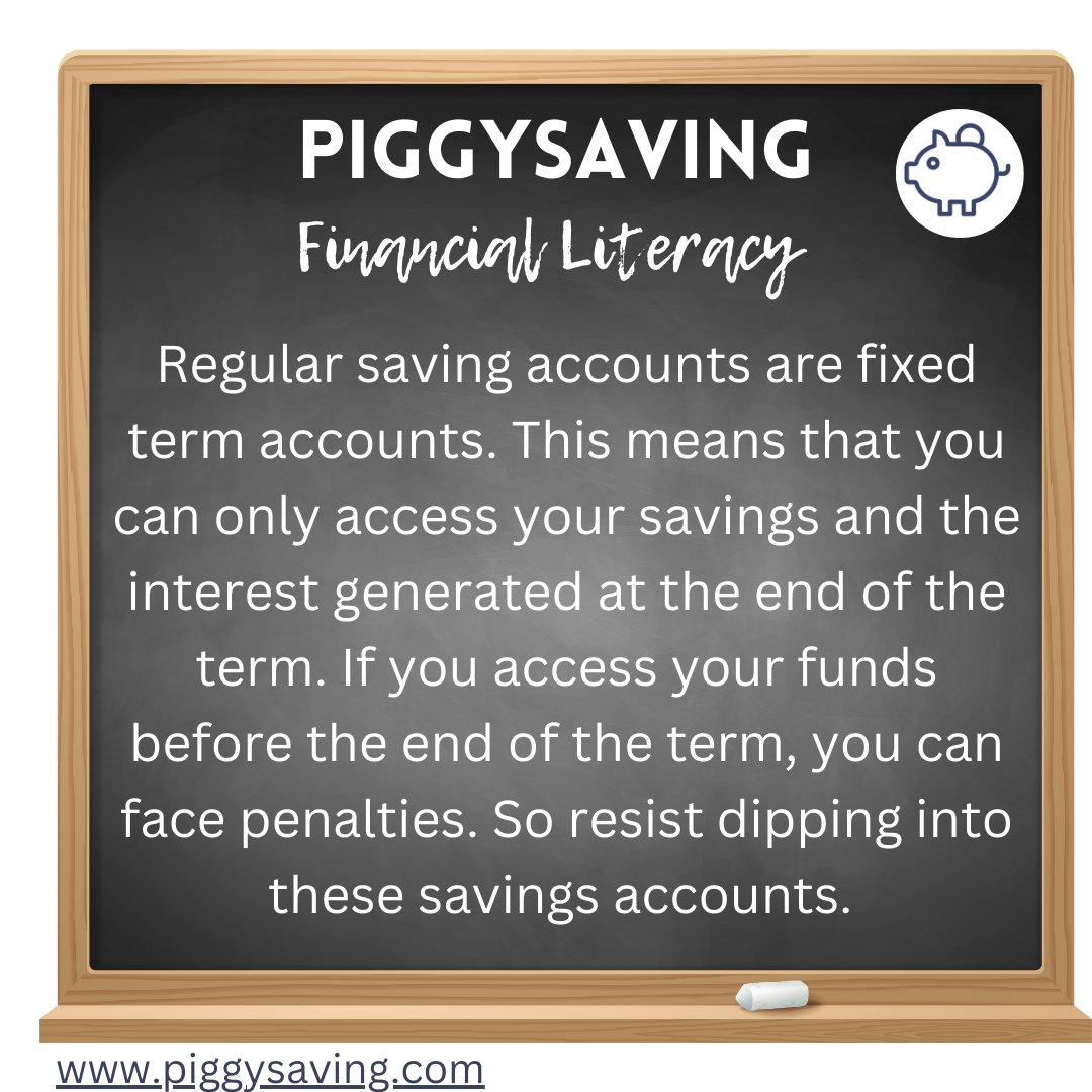 piggysaving's tweet photo. Regular saving accounts are fixed term accounts.  This means that you can only access your savings and the interest generated at the end of the term.   #savingoptions #savingaccounts #regularsavingaccount  #financialliteracy https://t.co/0BDH5ZGVOH