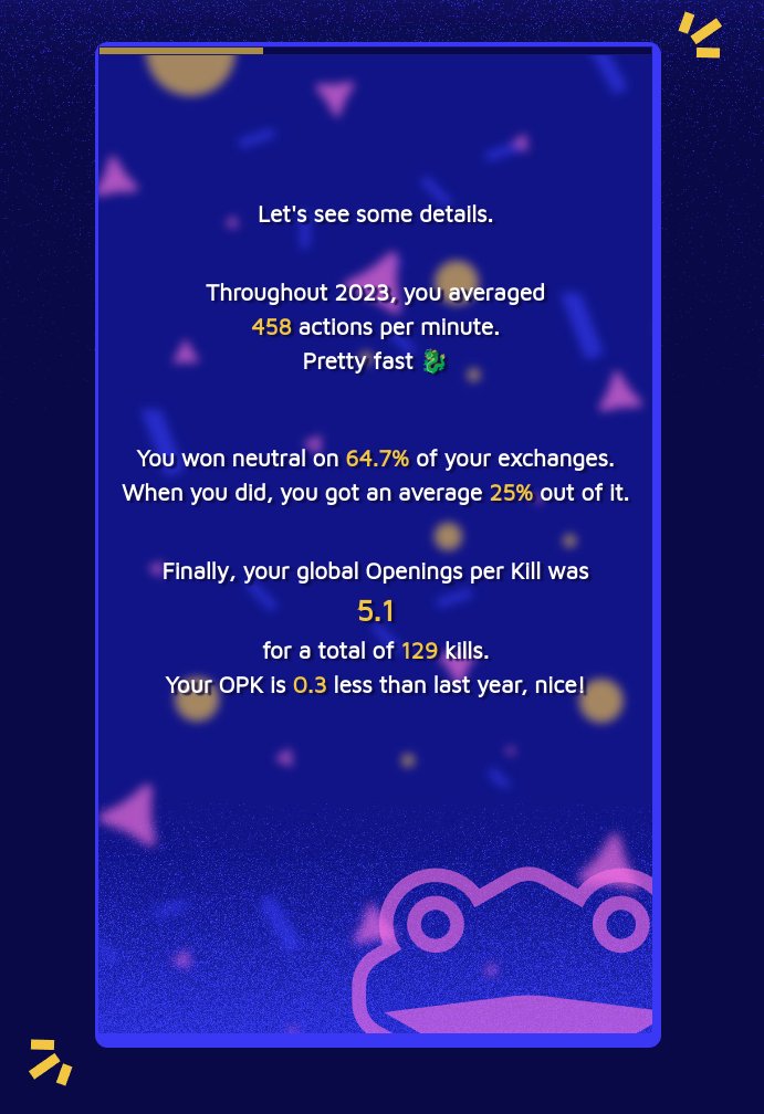 CarlosMarah's tweet photo. Slippi Wrapped 2023 is up! #SlippiWrapped
https://t.co/LiLXaaioQC
Upload your slp replays and get your 2023 Melee overview.
This year adds a much better design, music, compares with your 2022 results & more! โค๏ธ https://t.co/ZiSNmjfHQl
