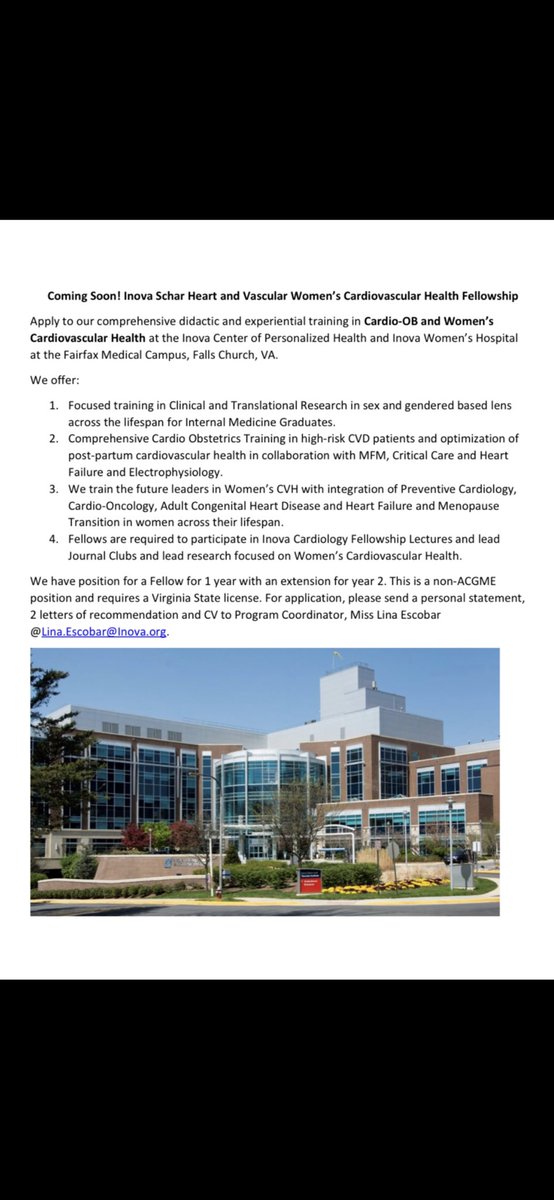 🔥 coming soon! For candidates interested in immersive training in #CardioOb and Women’s #CVH come train at the largest health system in #NoVA <a href="/ISHVnews/">Inova Schar Heart and Vascular</a> <a href="/InovaHealth/">Inova</a>. 
-1 yr with extension to yr 2
-PGY4 who have completed IM training 
-application to open end of the month