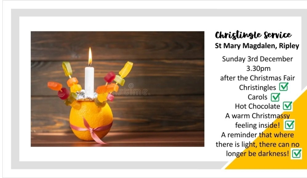 Christingle Service after Ripley Christmas Fair on Sunday. There will be sparklers and hot chocolate and a reminder that light shines in the darkness. What more could you want? <a href="/CofEGuildford/">Diocese of Guildford</a>
