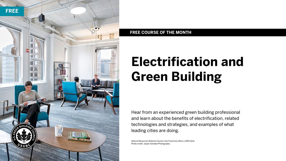 Happy Friday! We're back with another free course. Learn more about electrification and green buildings. Hear from green building professionals about the benefits, technologies and strategies. Learn more. #ElectrificationwithUSGBC bit.ly/3RnIE0P