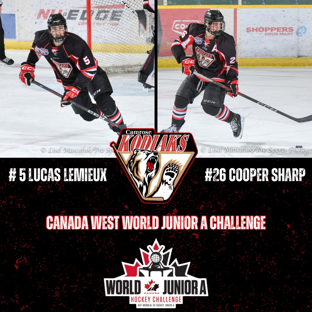 camrosekodiaks's tweet photo. The boys are off to Nova Scotia! Lemieux &amp; Sharp will represent Canada West at the World Junior A challenge, December 10th-17th in Truro, Nova Scotia. Congratulations boys! https://t.co/Te0E5SyCEw