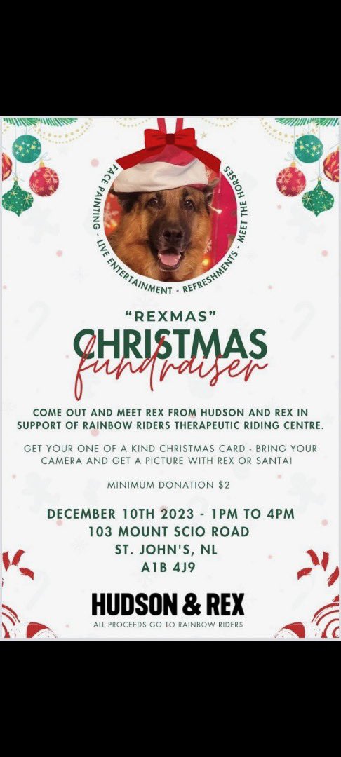 Merry “Rexmas”!🎄Join us Sun, Dec 10th from 1-4. PM for a very special fundraising event with our friends from City TV’s Hudson &amp; Rex! Our special guest, Diesel (Rex) will be ready for pictures and of course Santa’s attendance is a must as well! #hudsonandrex